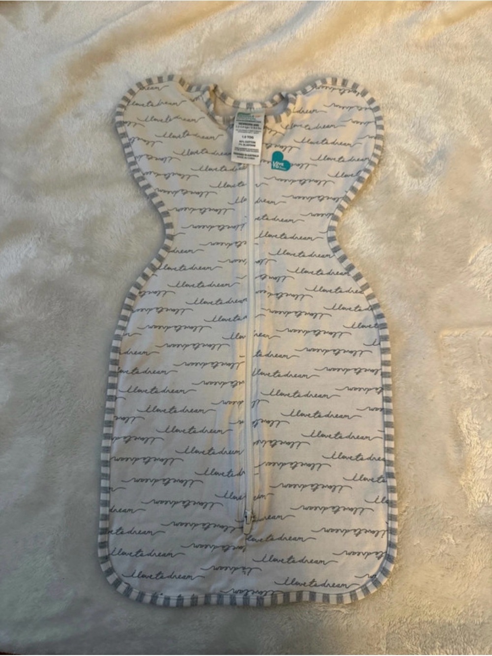 Love to dream White Bodysuit with Gray Script and Striped Trim